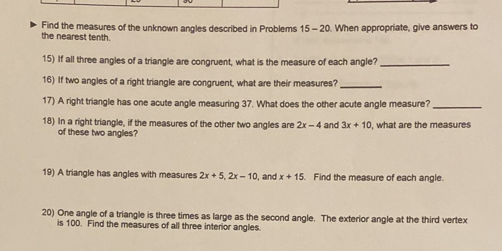 Find the measures of the unknown angles described