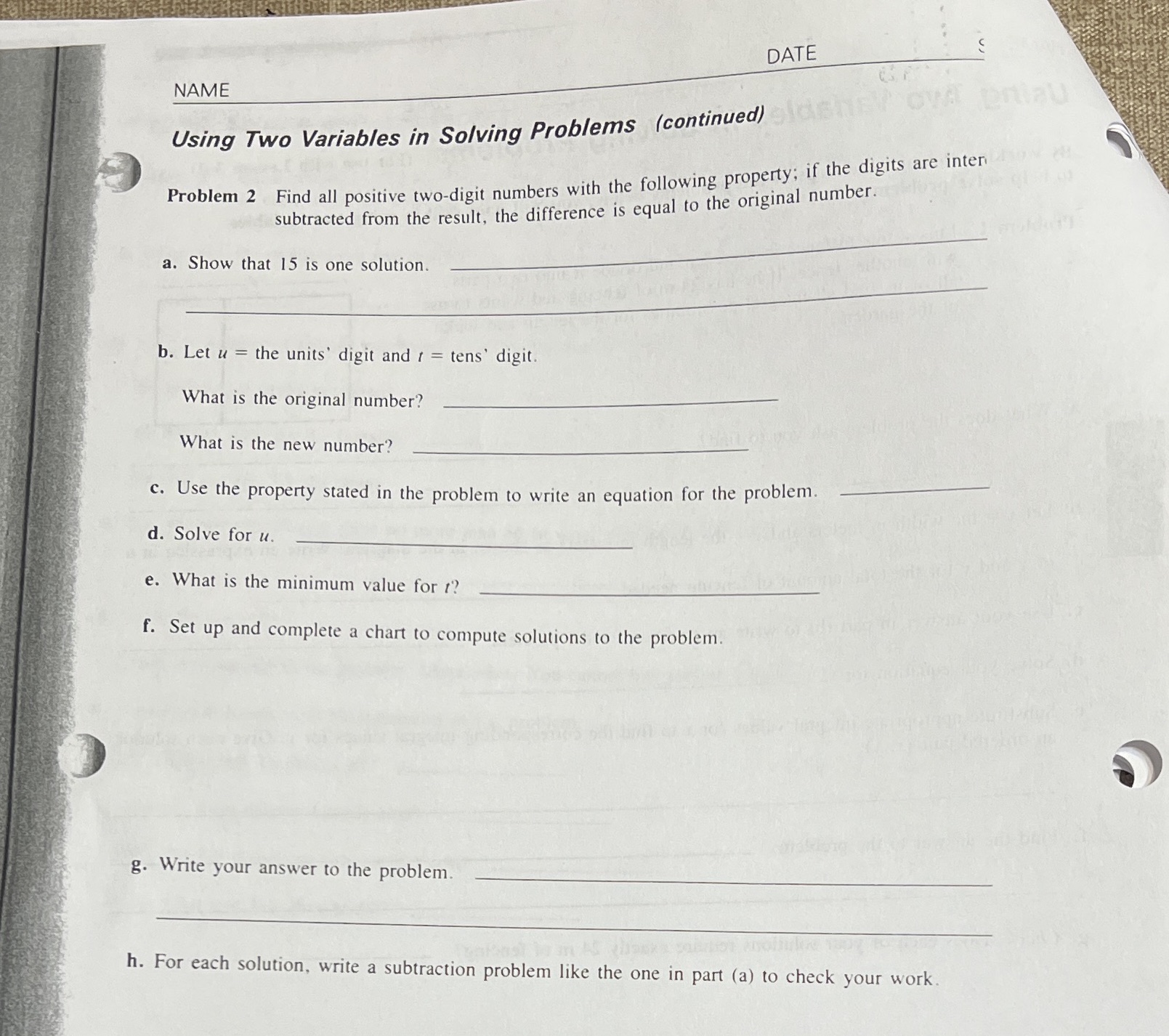 DATE NAME Using Two Variables in Solving Problems