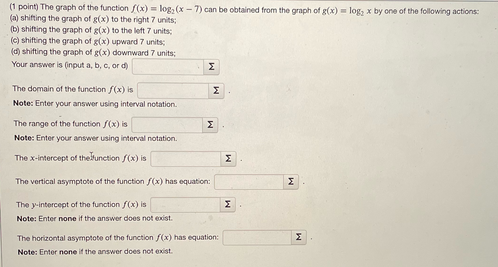 (1 point) The graph of the function f(x) = log2