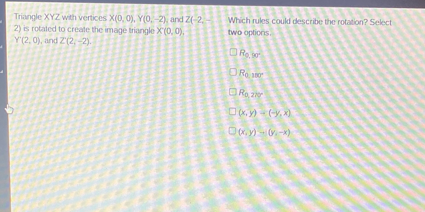 Triangle XYZ with vertices X(0, 0), Y(0, -2), and