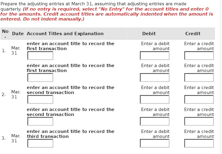 Prepare the adjusting entries at March 31,