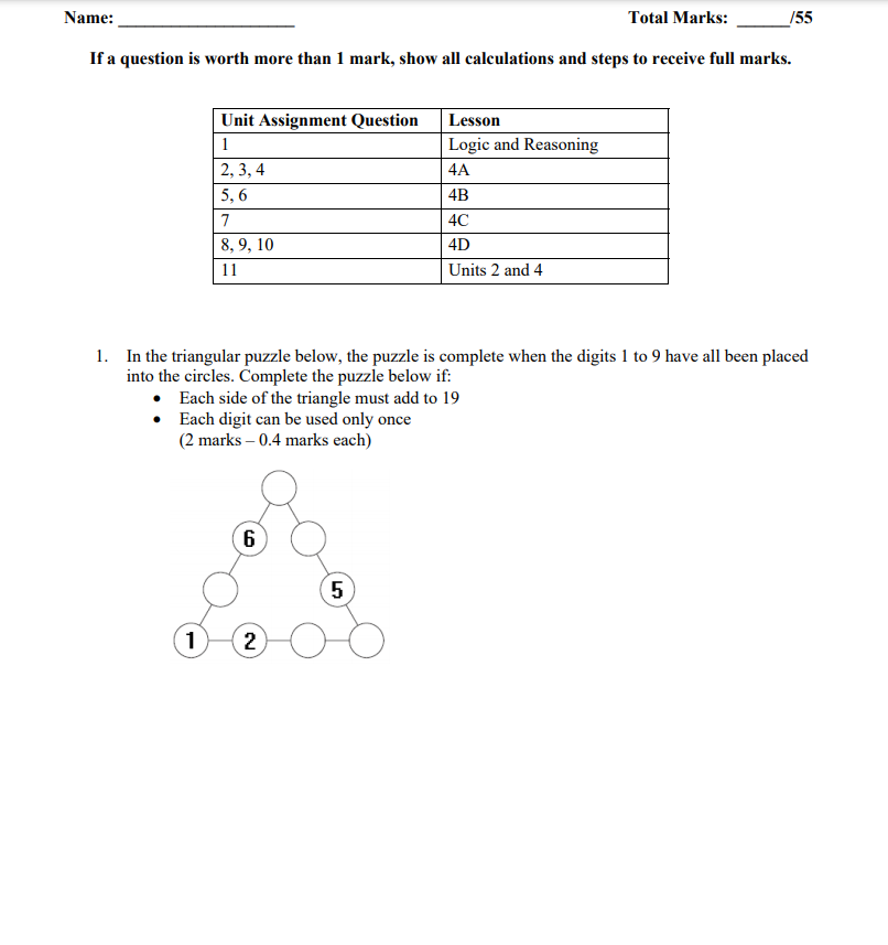 Name: Total Marks: 155 If a question is worth