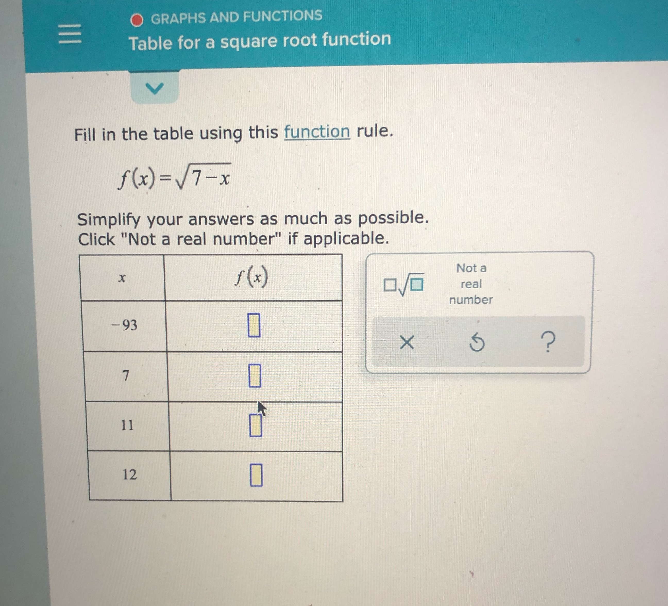 GRAPHS AND FUNCTIONS = Table for a square root