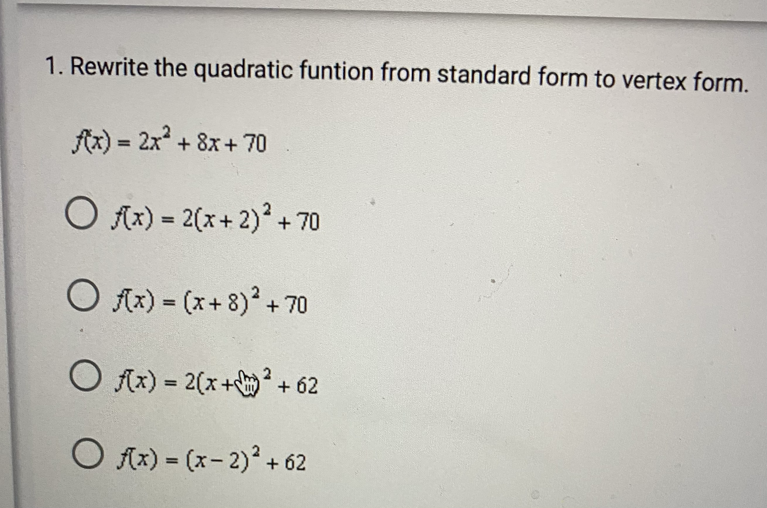 \f1. Rewrite the quadratic funtion from standard