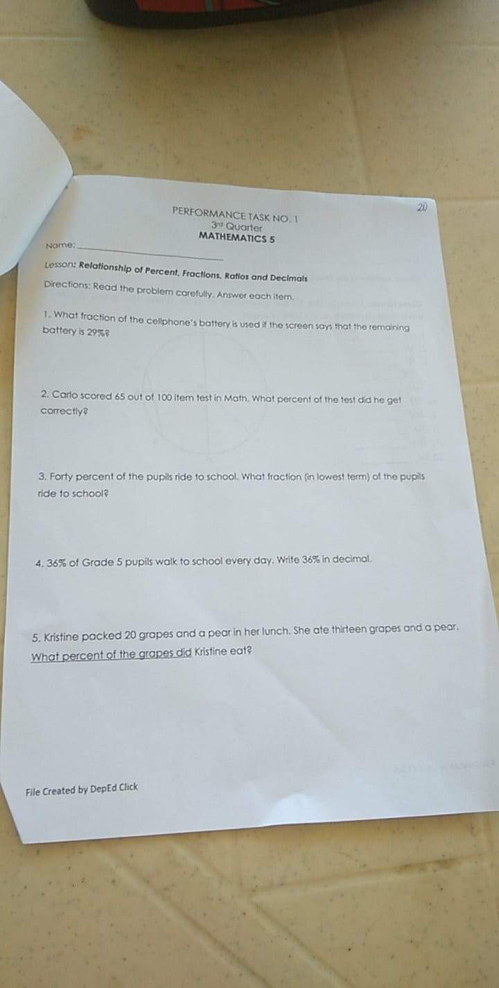 20 PERFORMANCE TASK NO. 1 3d Quarter MATHEMATICS