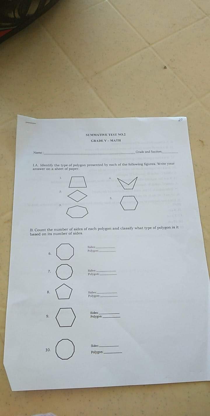 20 PERFORMANCE TASK NO. 1 3d Quarter MATHEMATICS