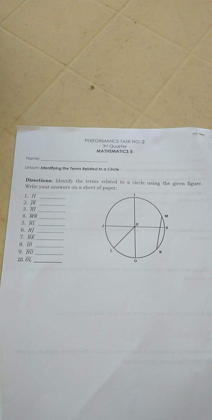 20 PERFORMANCE TASK NO. 1 3d Quarter MATHEMATICS