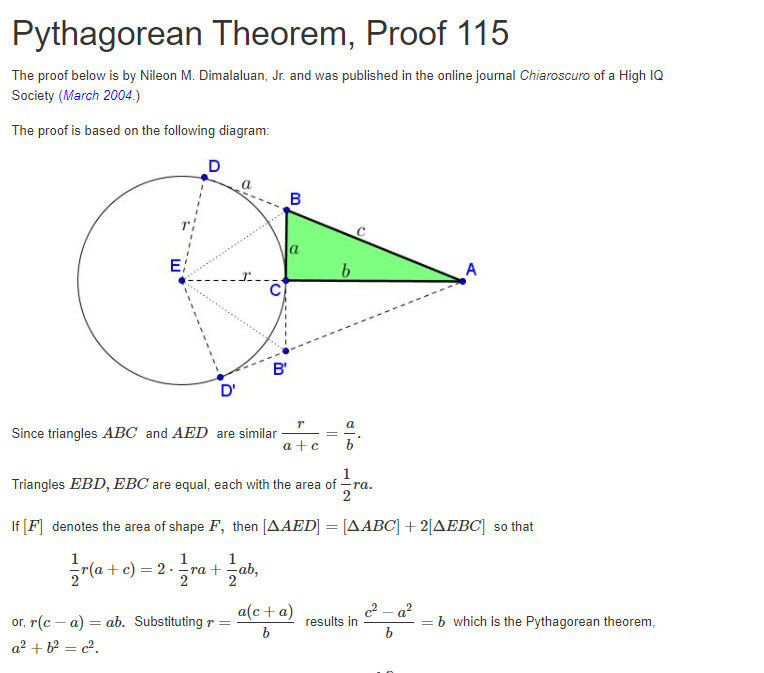 Pythagorean Theorem, Proof 115 The proof below is