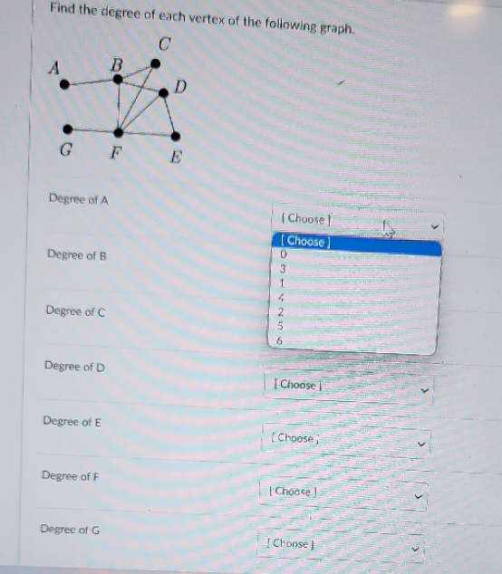 Find the degree of each vertex of the following