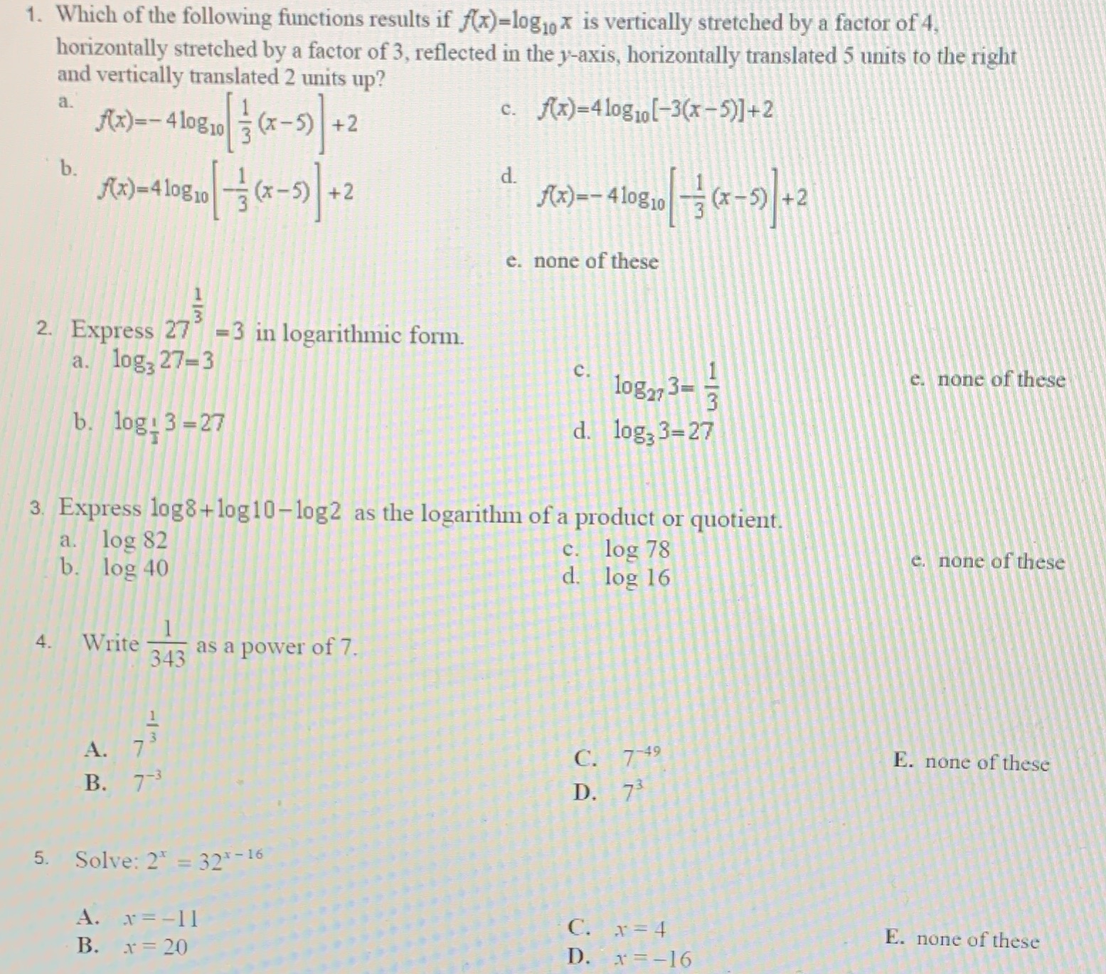 1-5, please 1. Which of the following functions