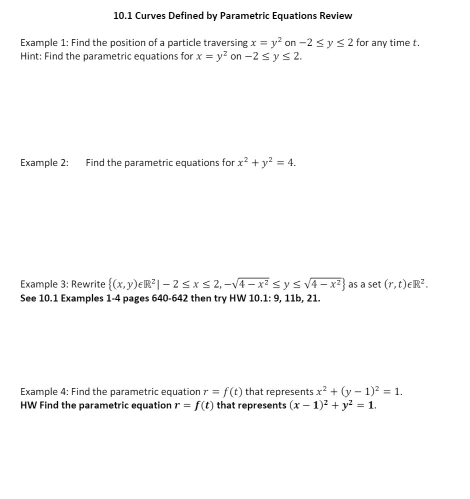 10.1 Curves Dened by Parametric Equations Review