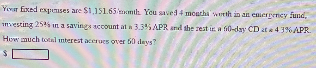 Your fixed expenses are $1,151.65/month. You
