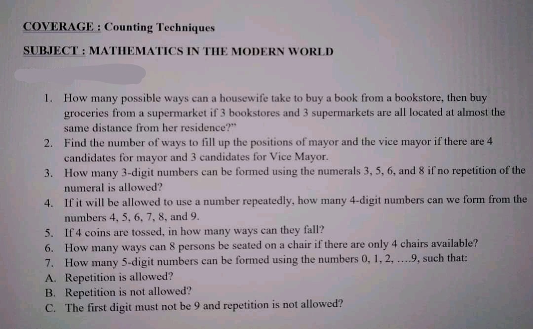 COVERAGE : Counting Techniques SUBJECT :