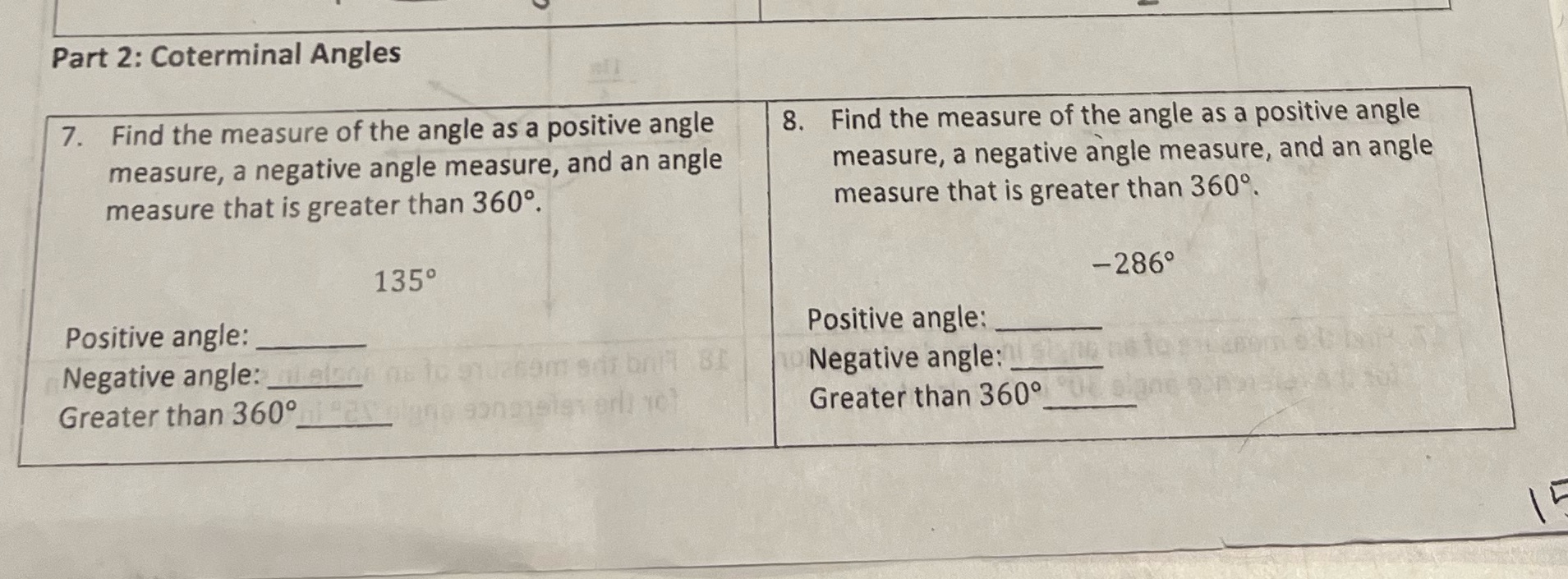 Part 2: Coterminal Angles 7. Find the measure of