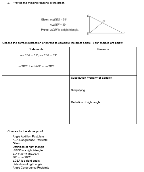 2. Provide the missing reasons in the proof. D