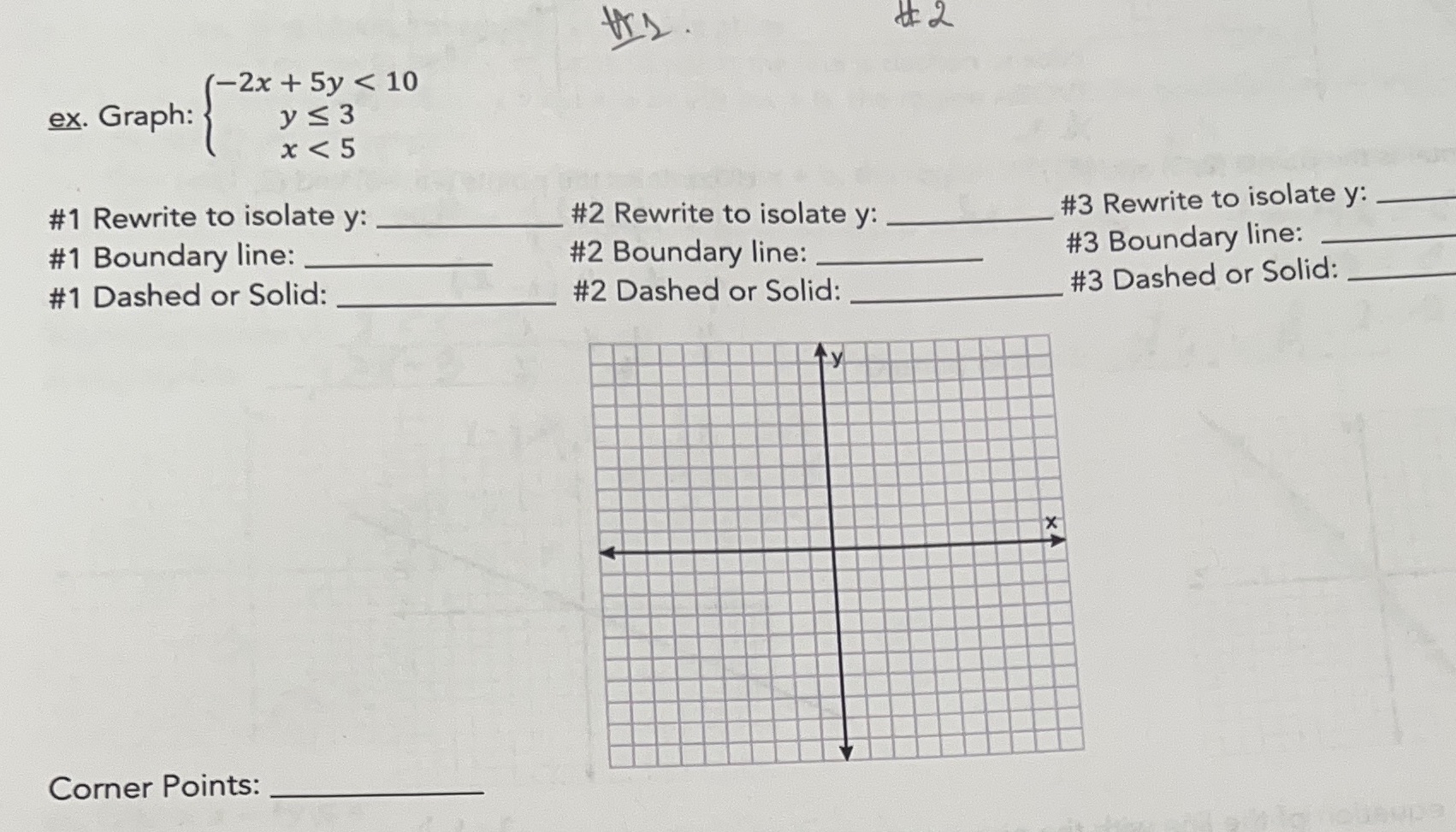 # 2 -2x + 5y < 10 ex. Graph: y <3 x <5 #1 Rewrite