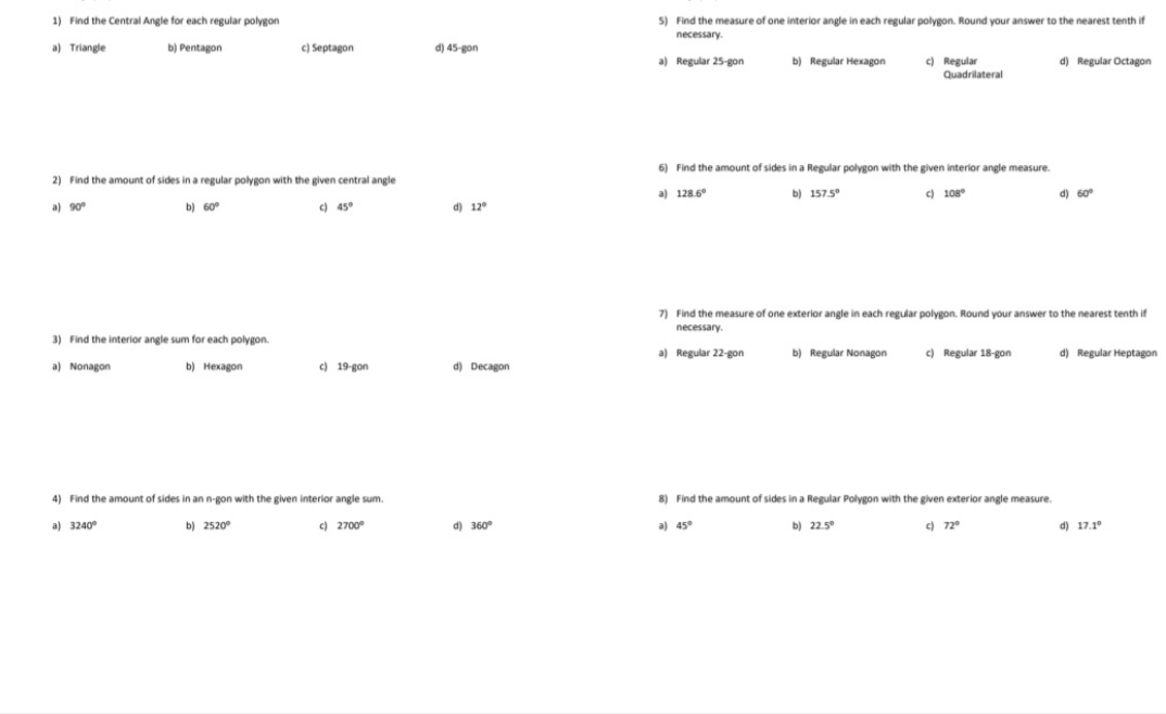 Please help me. 1) Find the Central Angle for