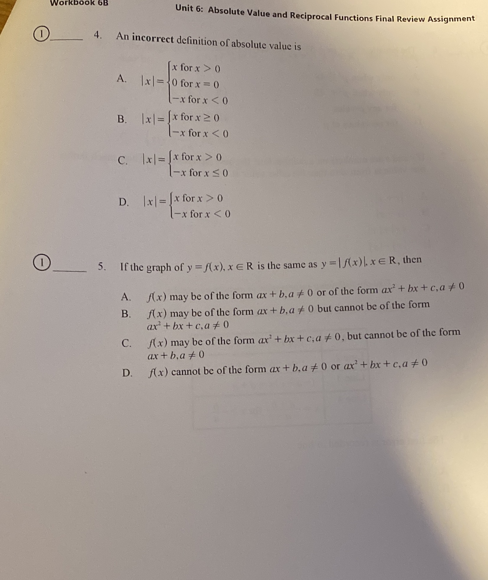 Workbook 6B Unit 6: Absolute Value and Reciprocal