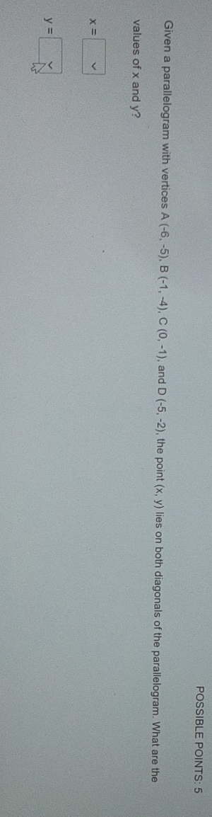 The options are slide down the options for x are
