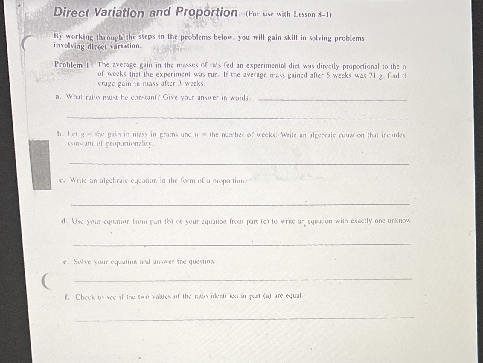 Direct Variation and Proportion (For use with