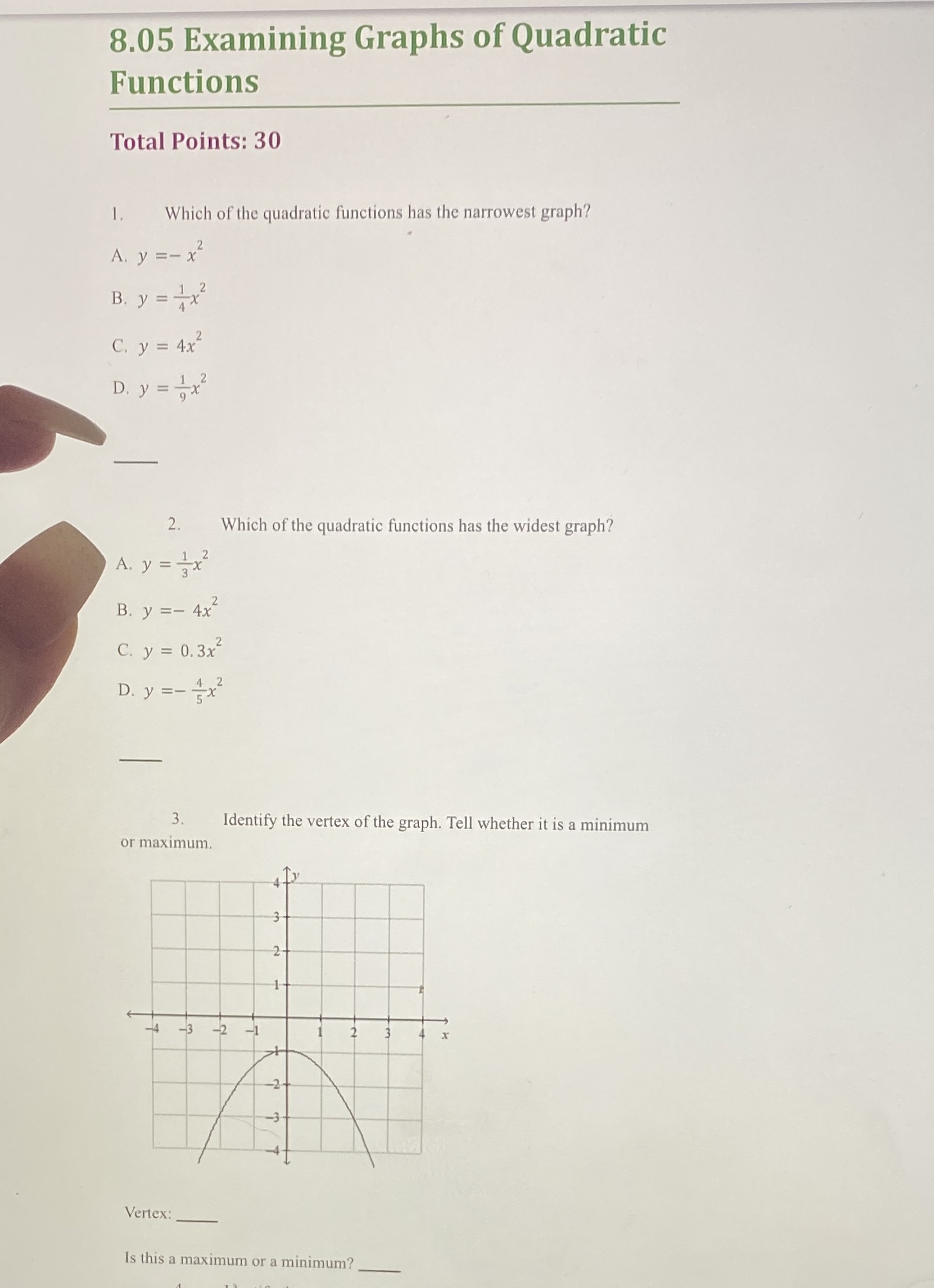 8.05 Examining Graphs of Quadratic Functions