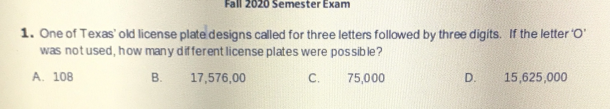 math Fall 2020 Semester Exam 1. One of