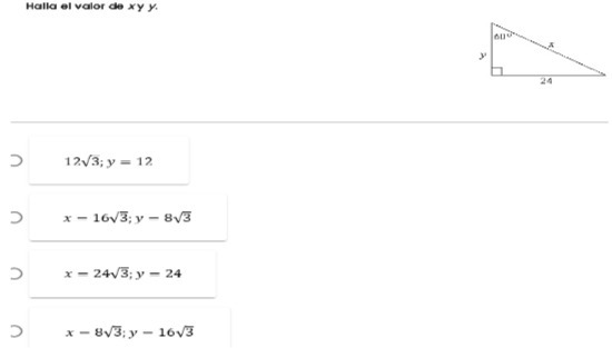 Halla el valor de xy y 12V3; y = 12 x - 16V3:y -