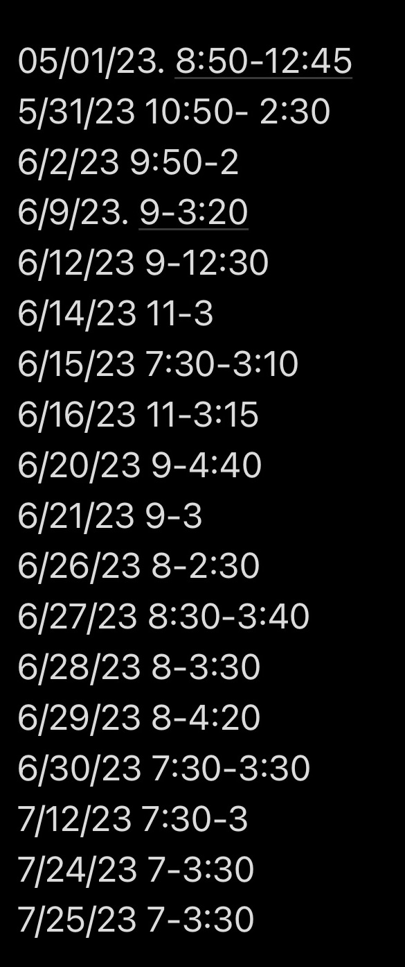 How many hours is that? 05/01/23. 8:50-12:45