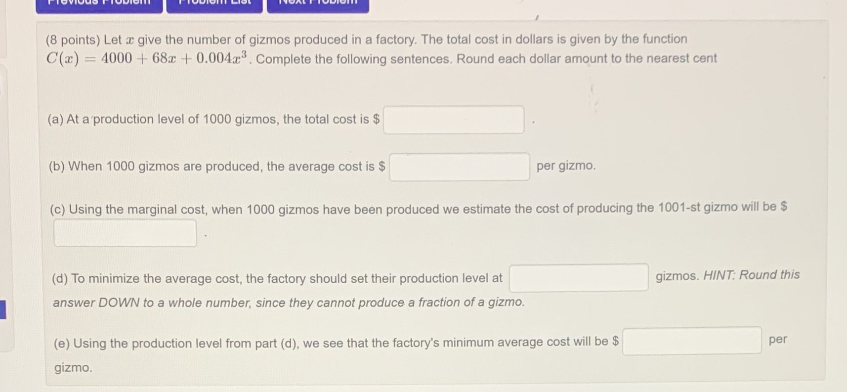 (8 points) Let a give the number of gizmos