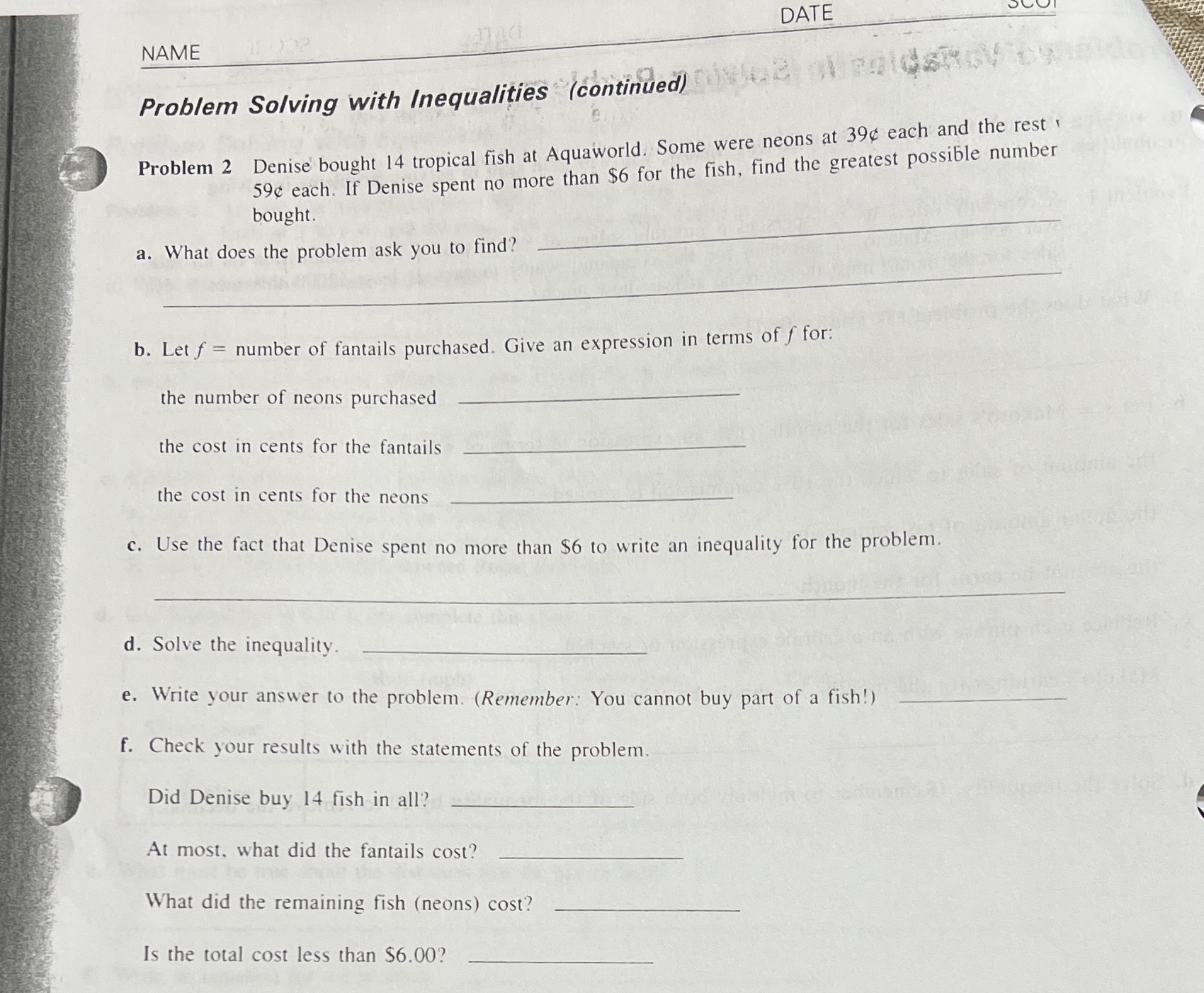 DATE NAME Problem Solving with Inequalities