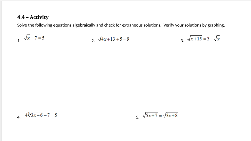 4.4 - Activity Solve the following equations