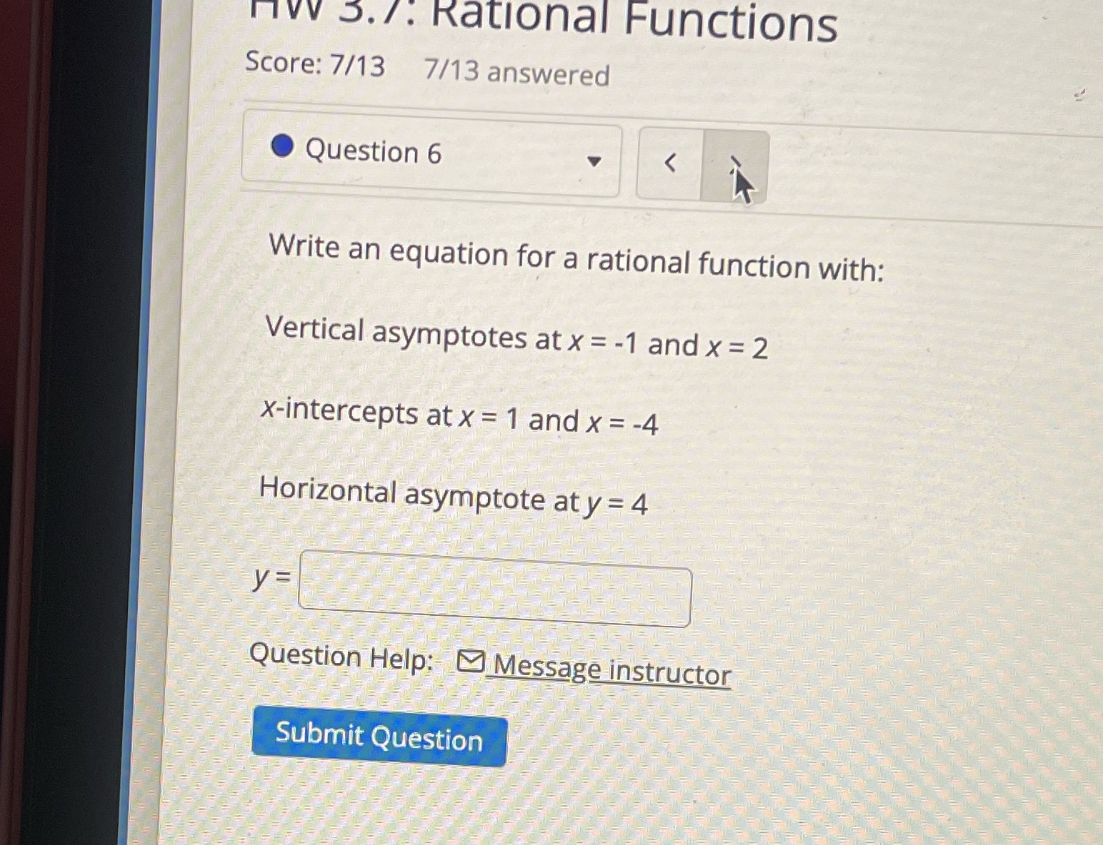 nW 3. /. Rational Functions Score: 7/13 7/13