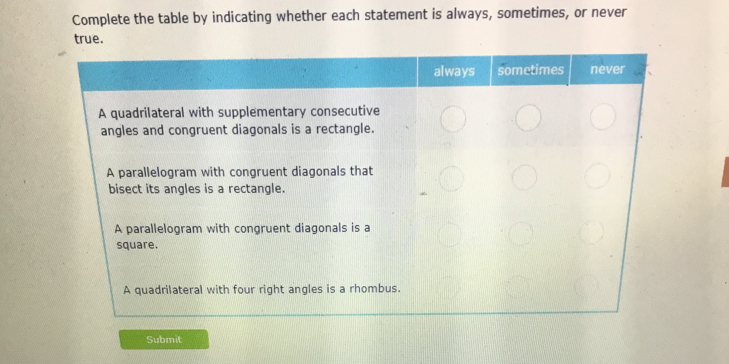 Complete the table by indicating whether each