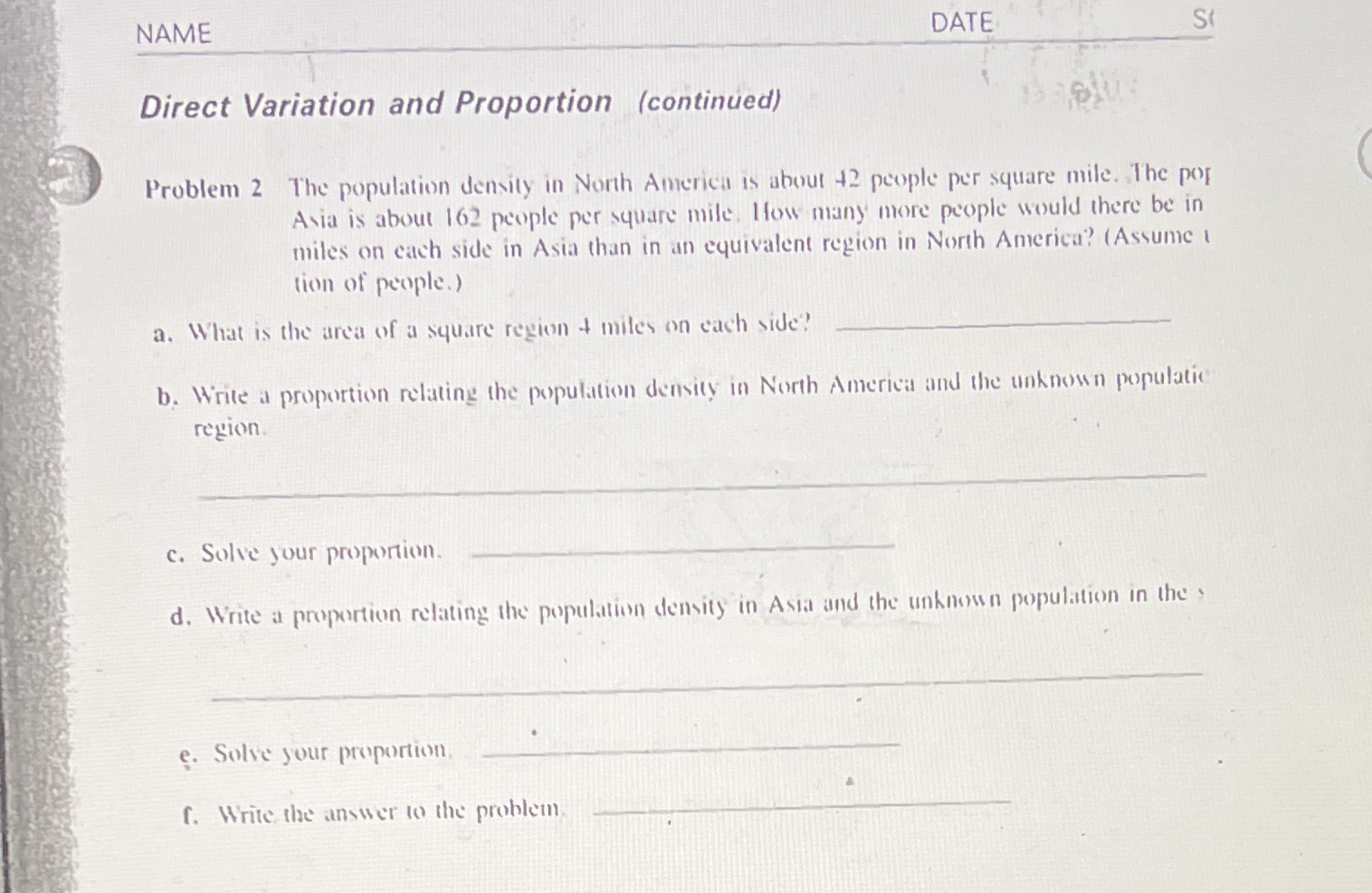 NAME DATE Direct Variation and Proportion