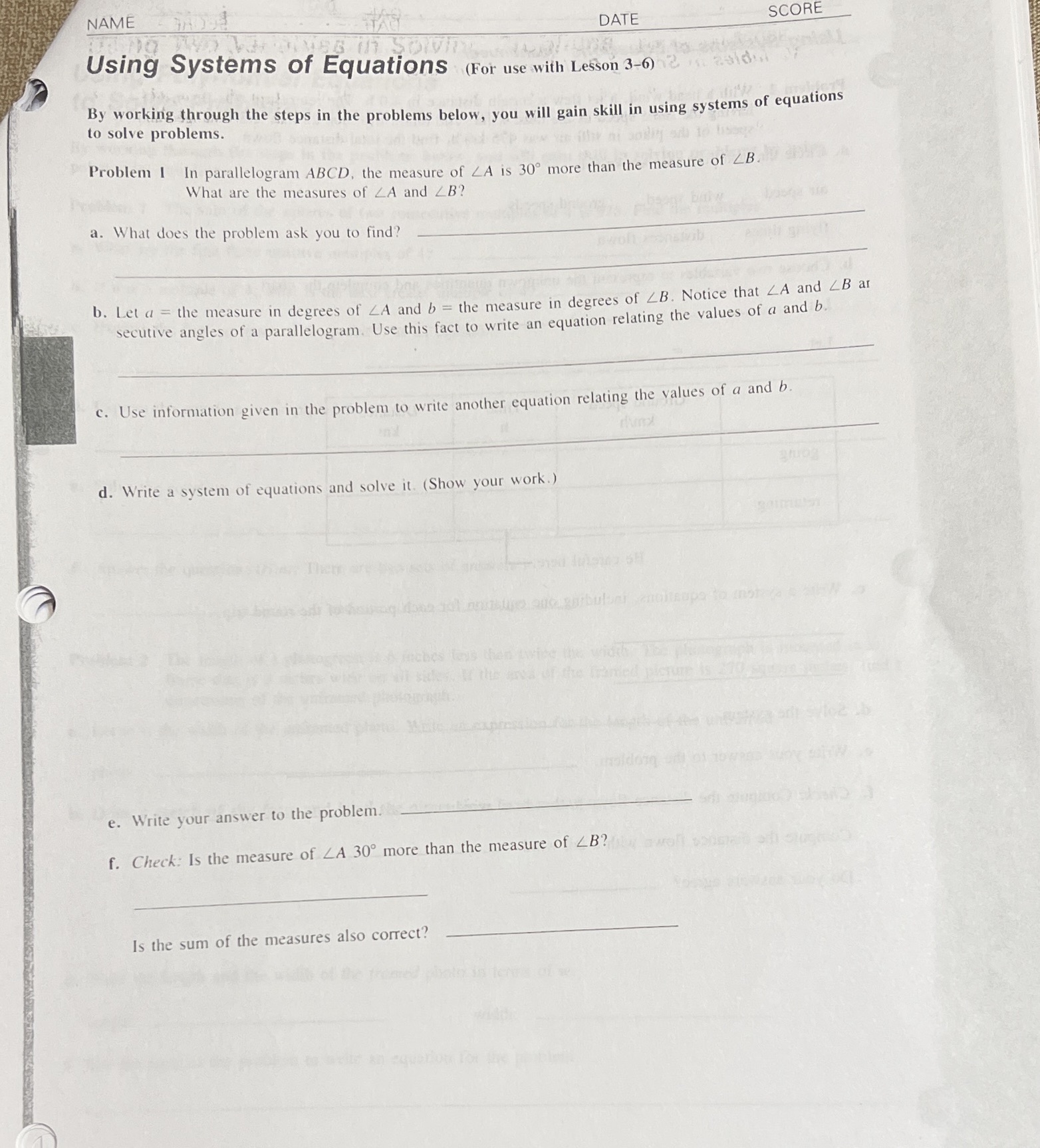 NAME DATE SCORE Using Systems of Equations (For