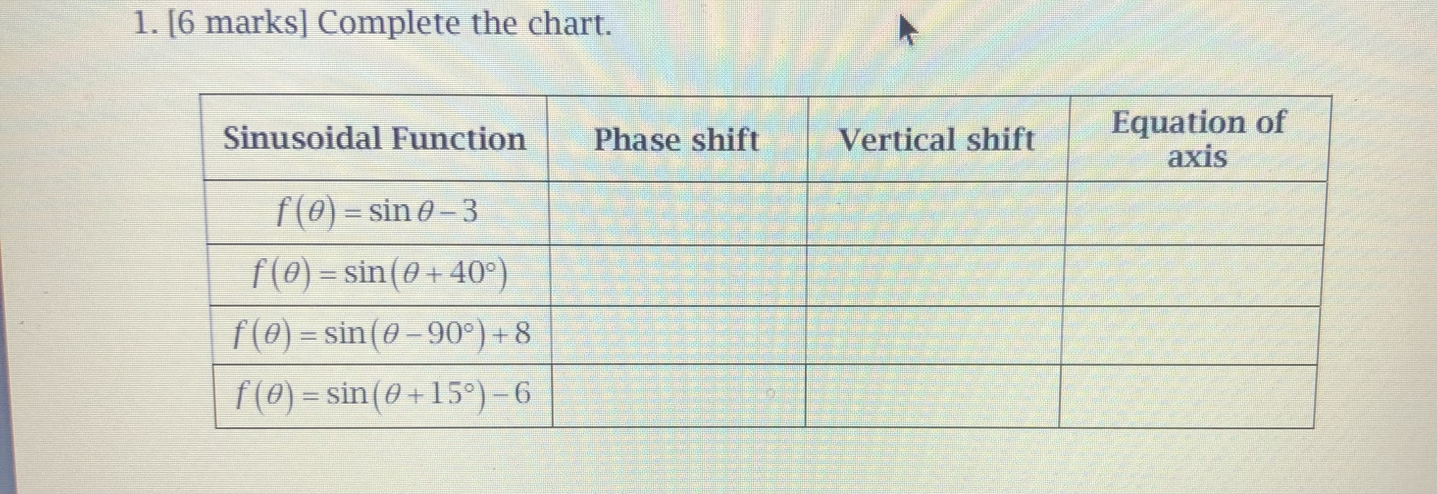 Assessment 9 Question 1: 1. [6 marks] Complete
