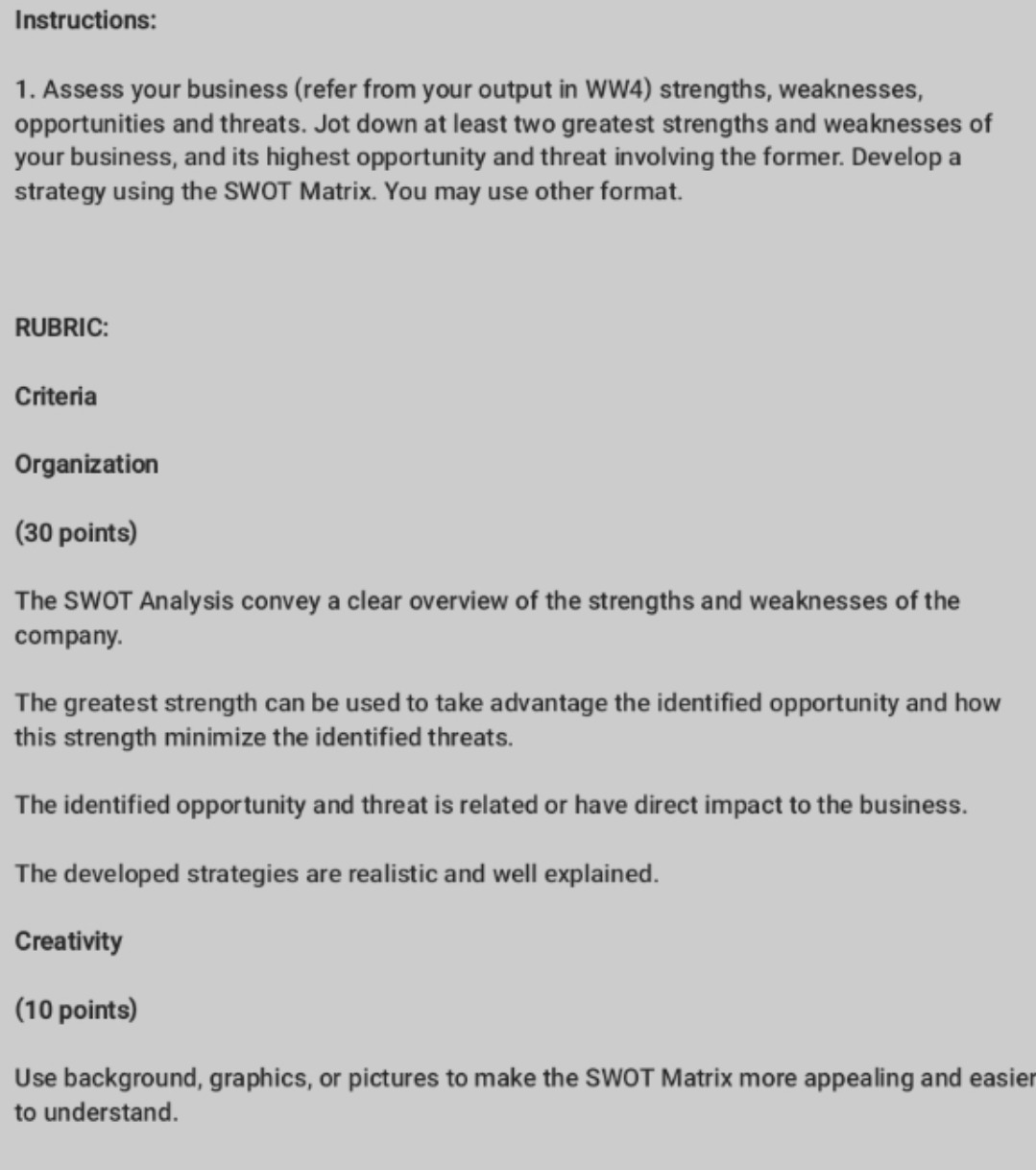 Instructions: 1. Assess your business (refer from