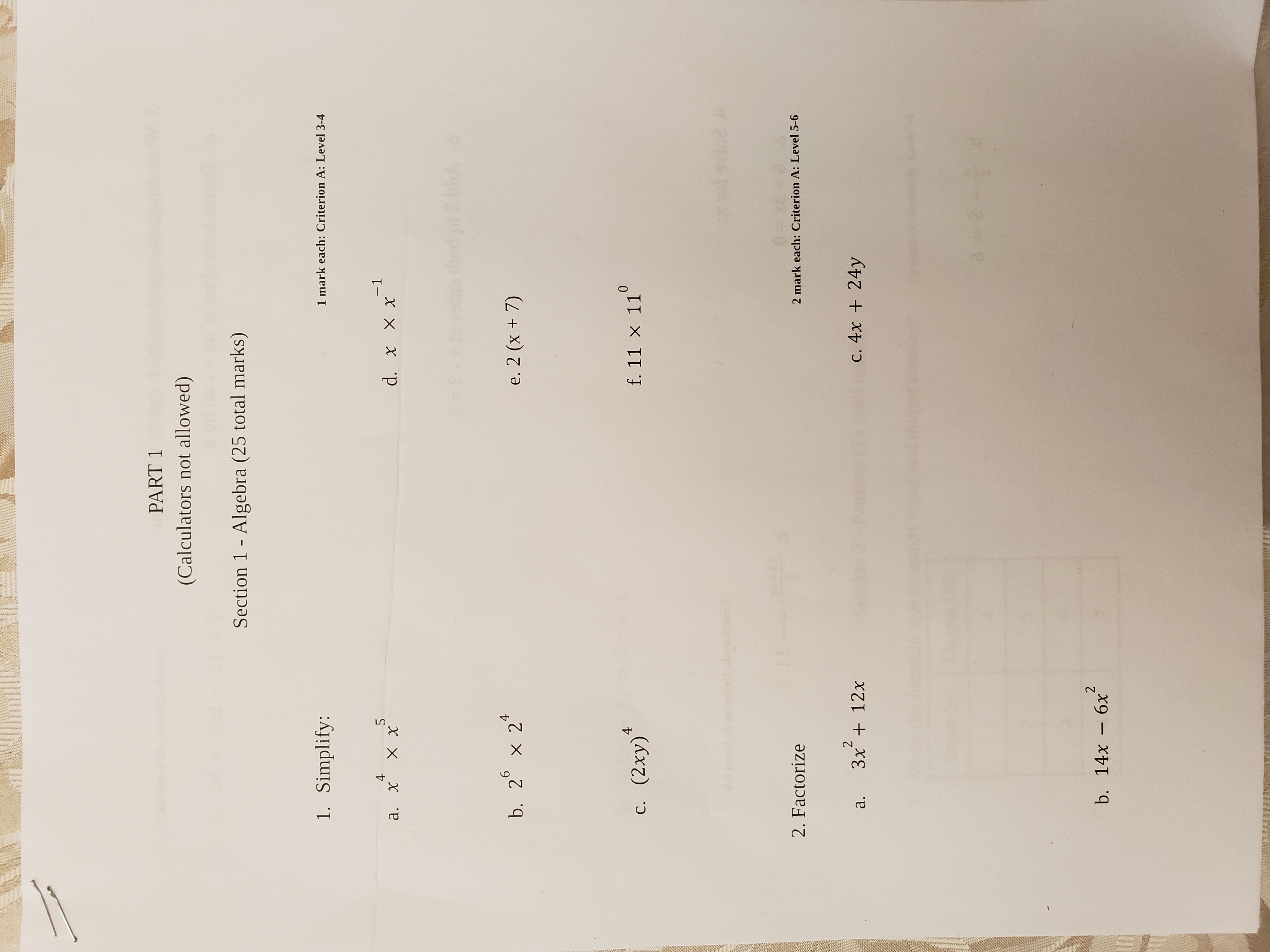 PART 1 (Calculators not allowed) Section 1 -