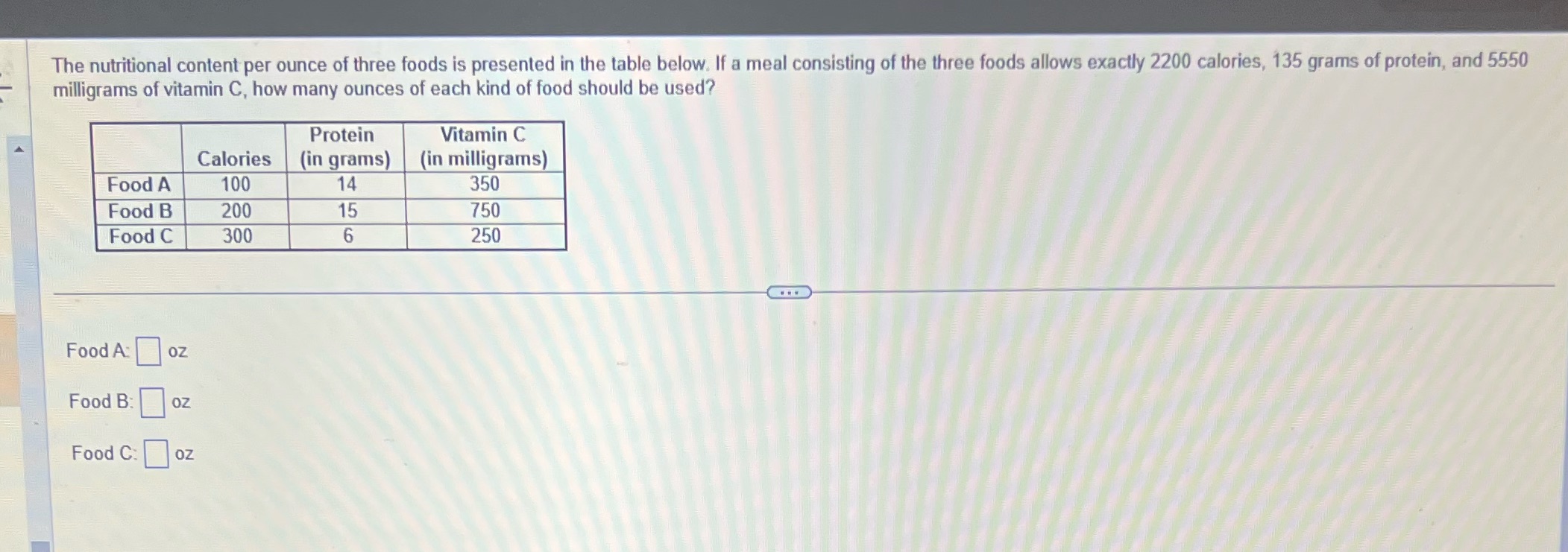 The nutritional content per ounce of three foods
