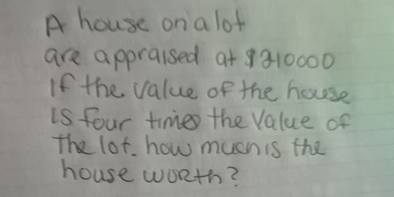 A house on a lot are appraised at $210000 If the