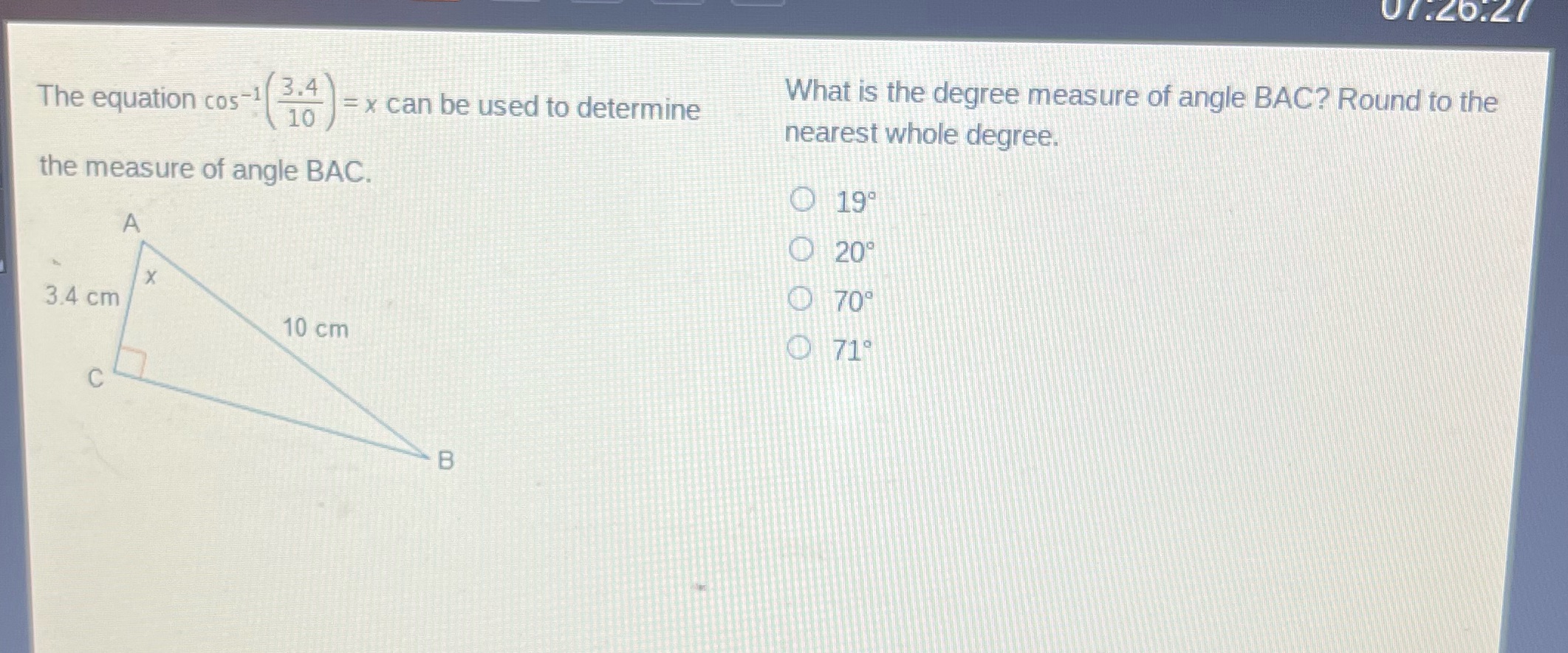 01 . 26:21 The equation cos-1 3.4 10 = x can be