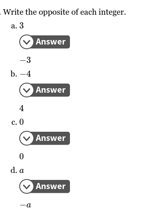 Write the opposite of each integer. a. 3 Answer