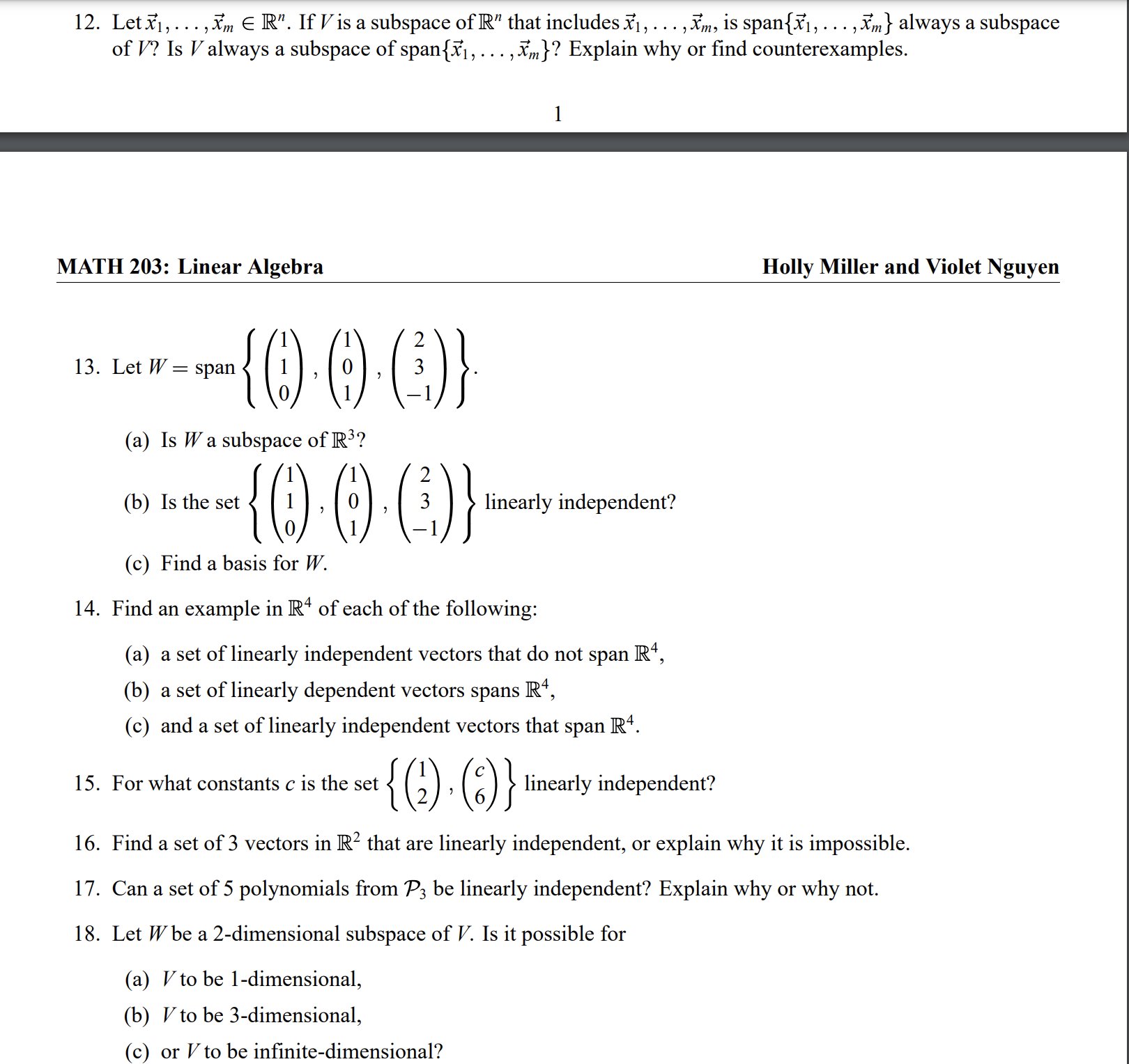 12. Let X1, . .., *m ( R". If V is a subspace of