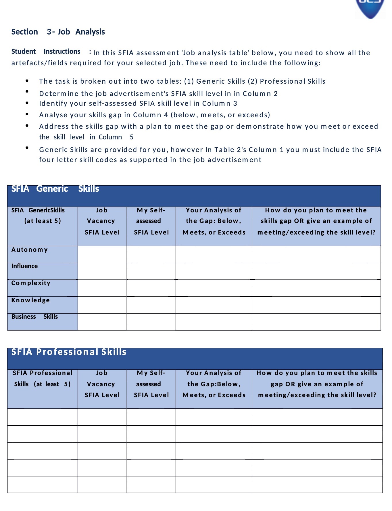 Section 3- Job Analysis Student Instructions : In