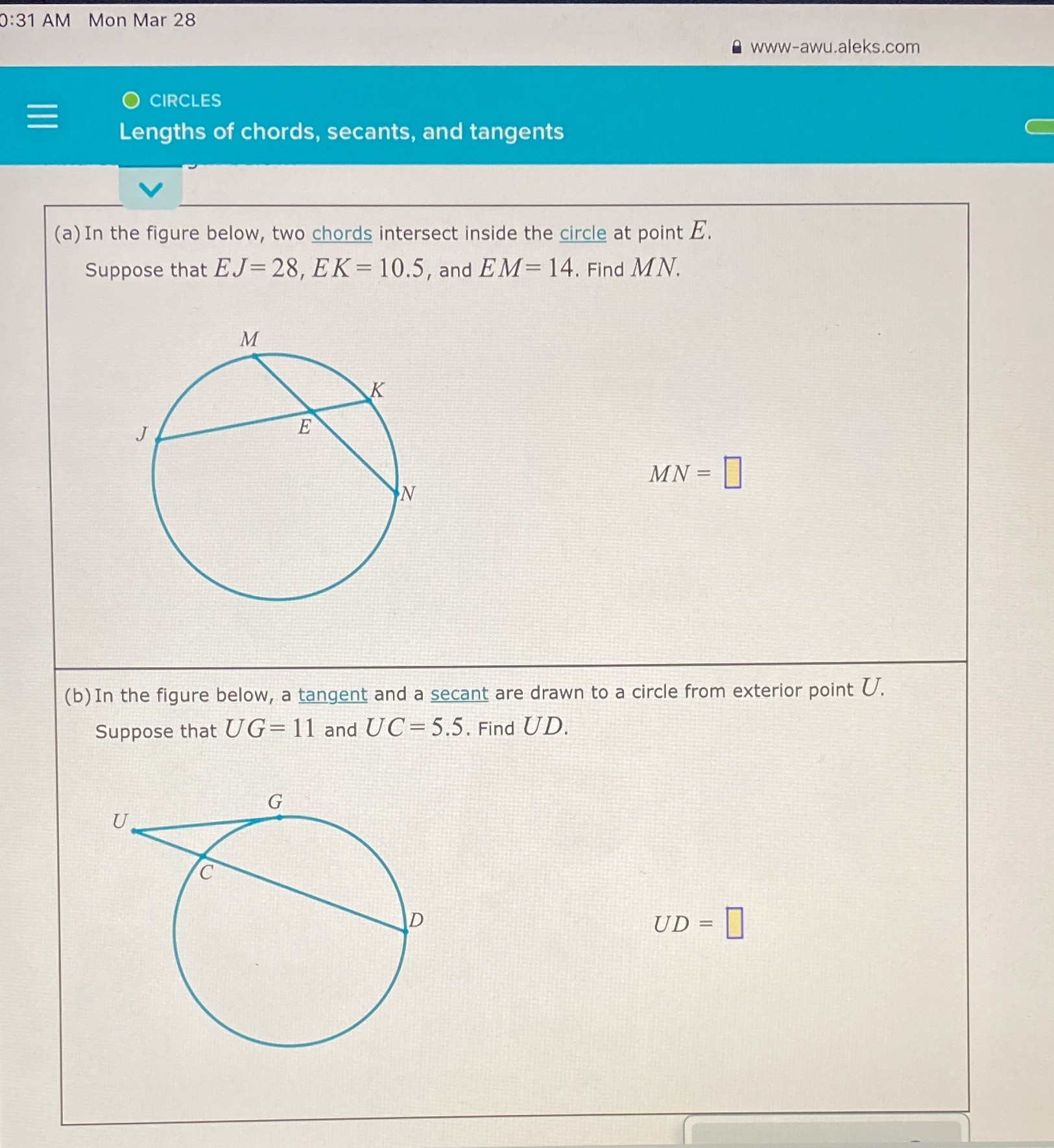 0:31 AM Mon Mar 28 awww-awu.aleks.com O CIRCLES