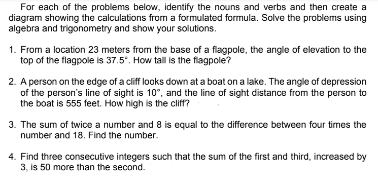 For eaoh of the problems below, identify the