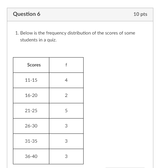 Question 6 10 pts 1. Below is the frequency