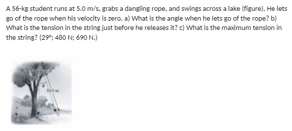 A 56-kg student runs at 5.0 m/s, grabs a dangling