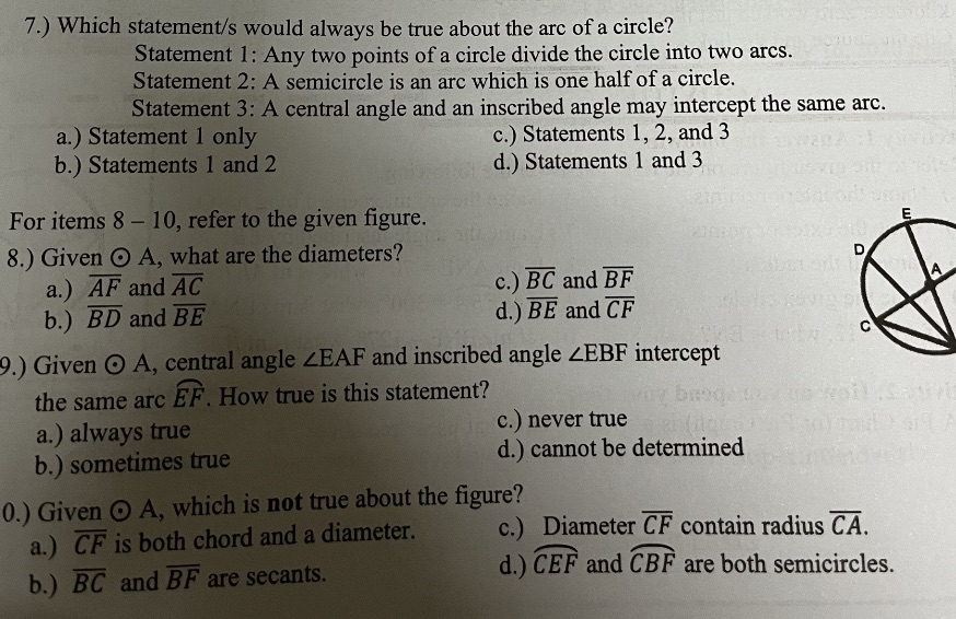 7.) Which statement/s would always be true about