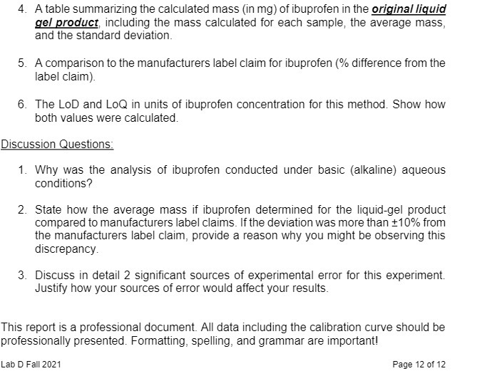 4. A table summarizing the calculated mass (in